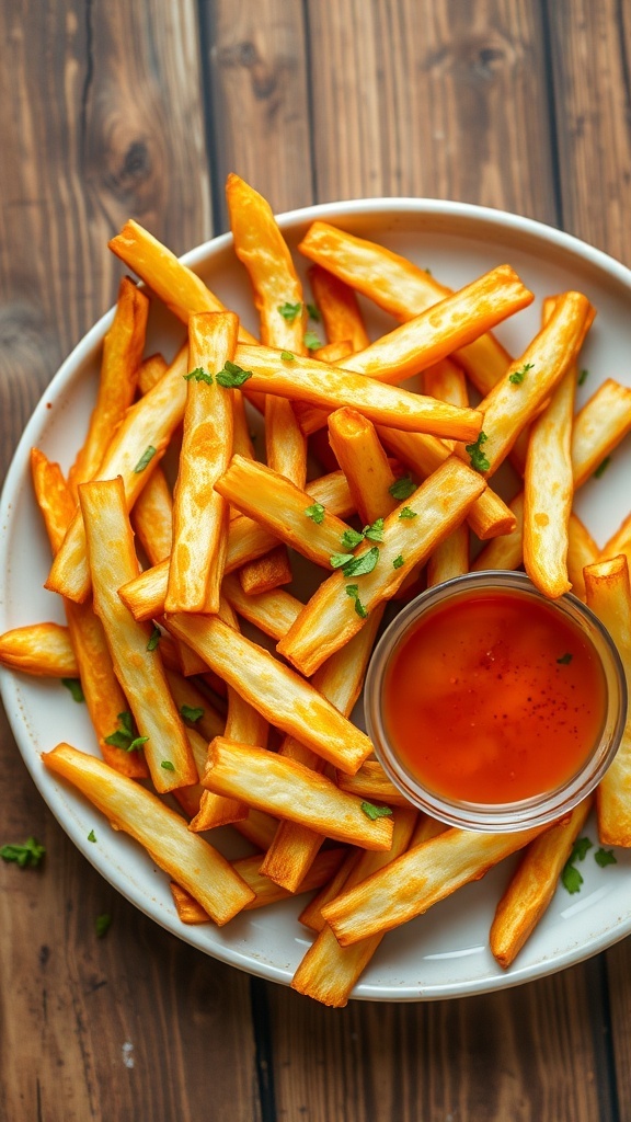 Crispy daikon fries on a plate with herbs and dipping sauce on a wooden table.